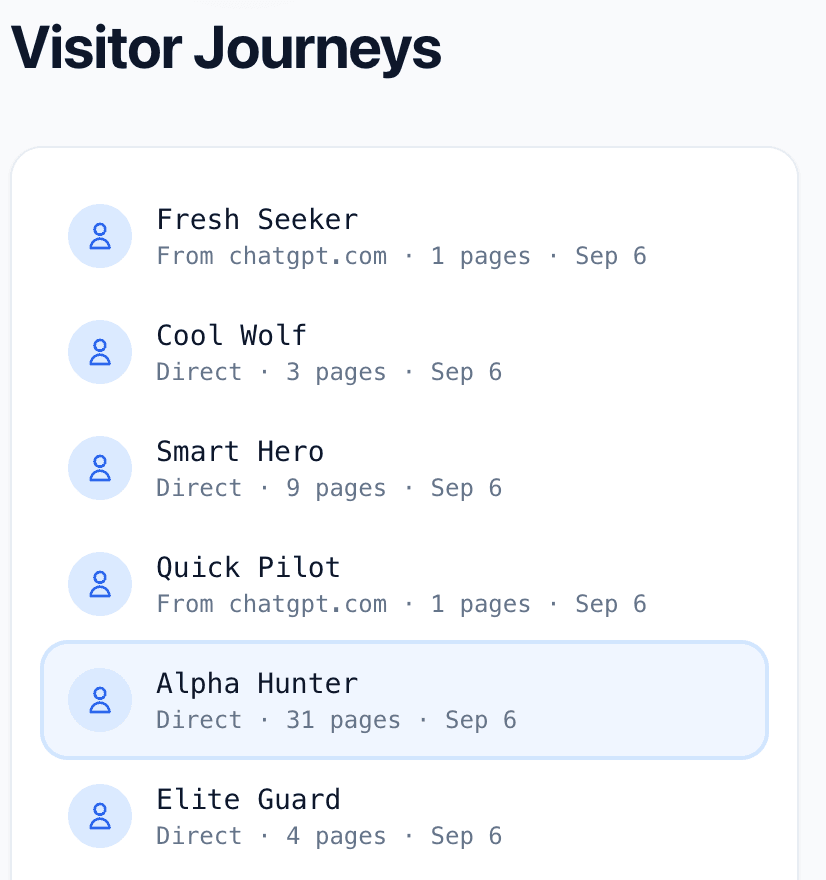 Visitor journeys list with each session's source, page count, and date
