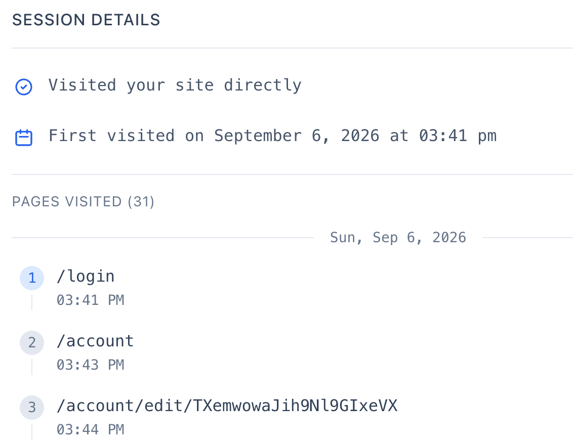 Session details showing every page one visitor opened, in order, with timestamps